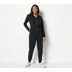 Encore by Idina Menzel Regular Soft French Terry Hooded Jumpsuit Jet Black,3X